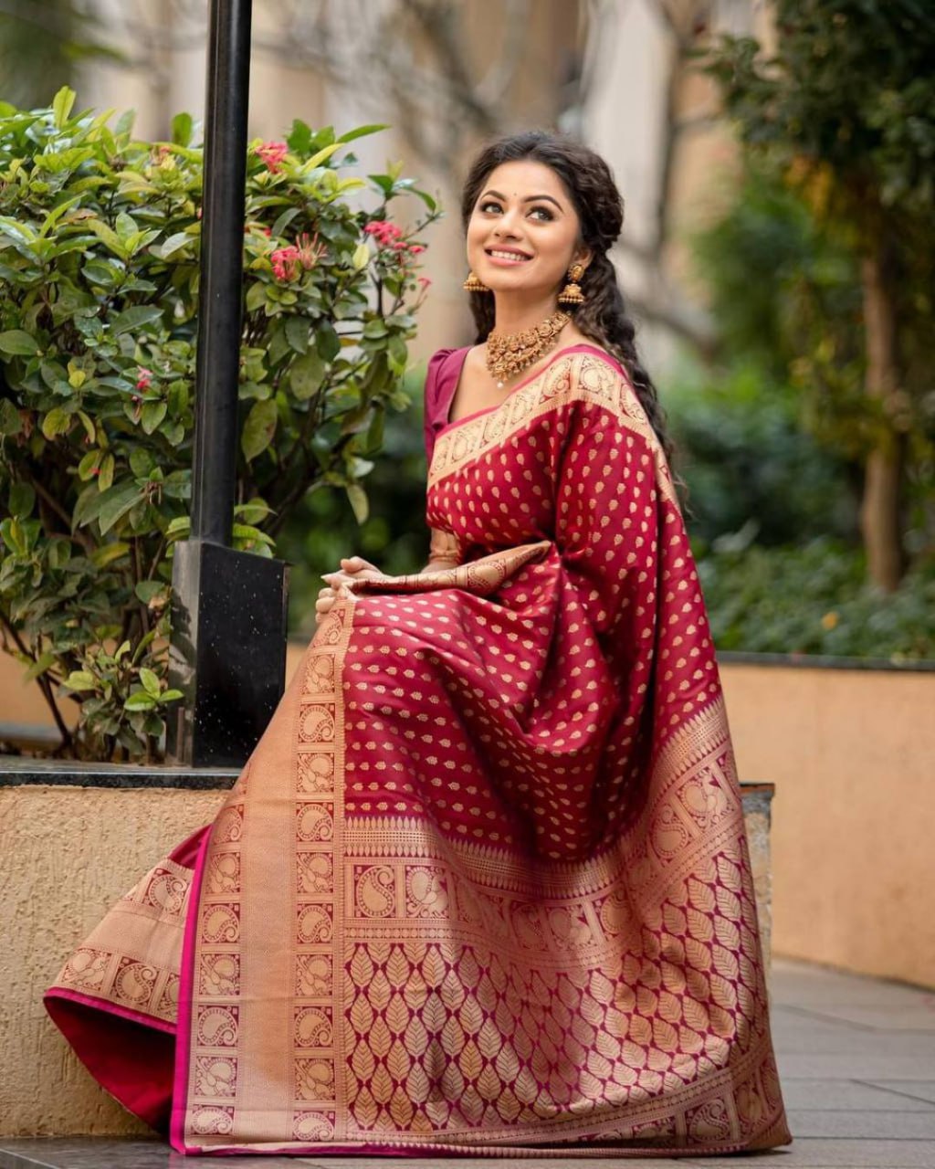 Radiant Rani Pink Banarasi Silk Saree with Antique Gold Peacock Motifs