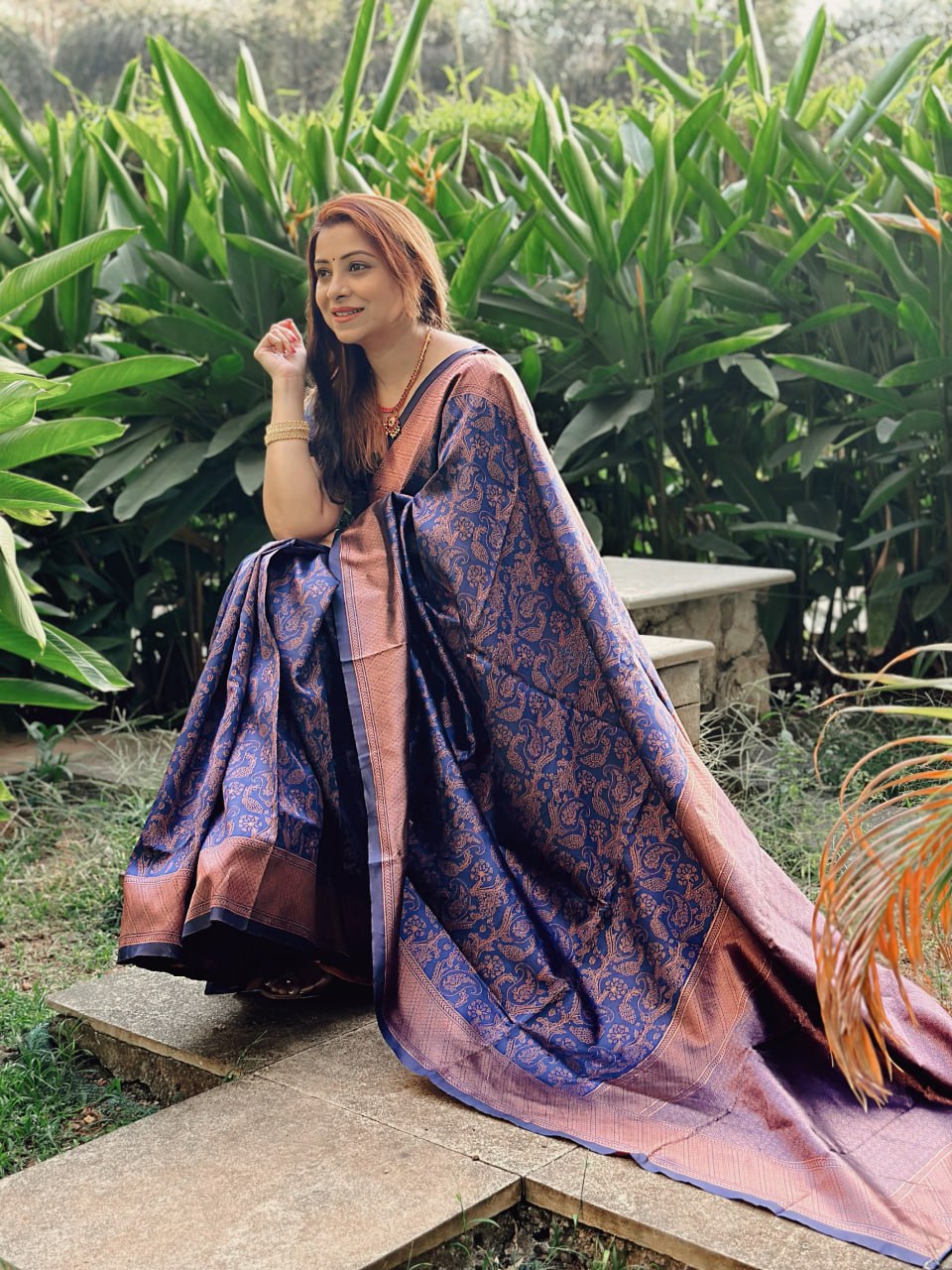 Indigo Copper Symphony: Handcrafted Banarasi Silk Saree