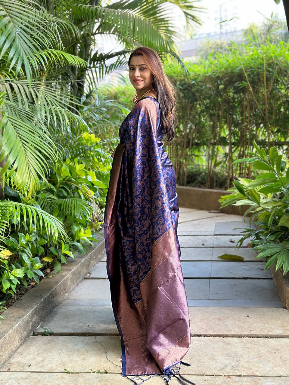 Indigo Copper Symphony: Handcrafted Banarasi Silk Saree