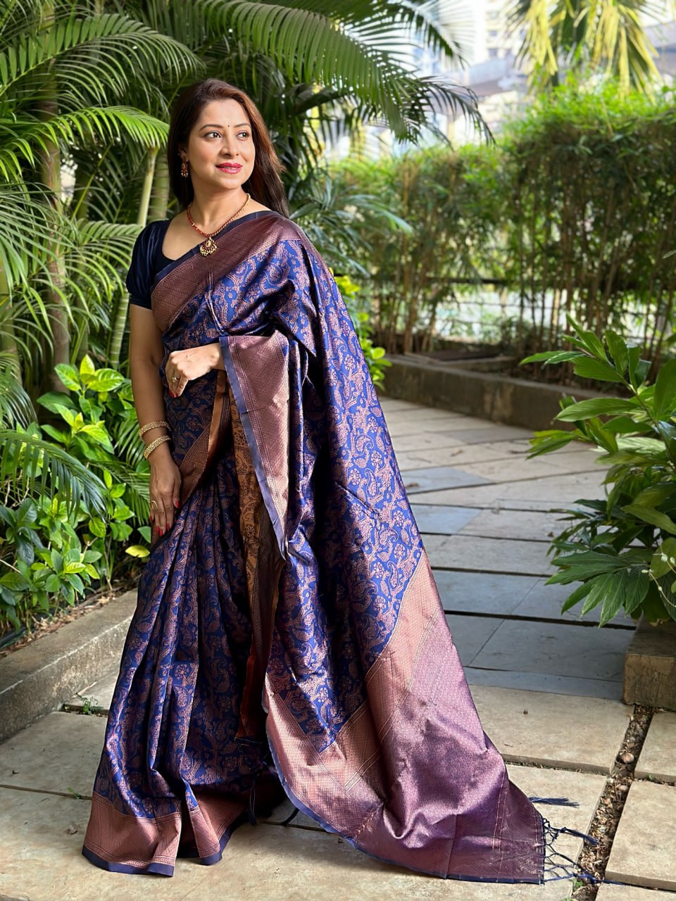 Indigo Copper Symphony: Handcrafted Banarasi Silk Saree