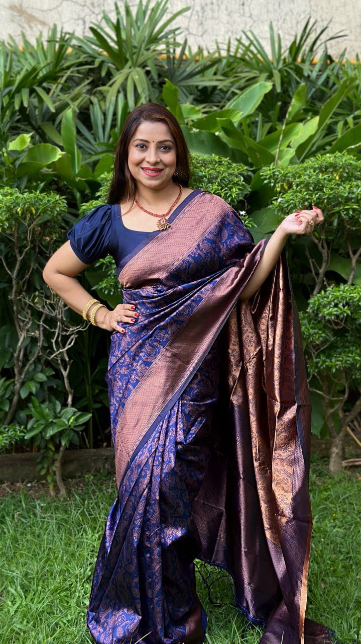 Indigo Copper Symphony: Handcrafted Banarasi Silk Saree