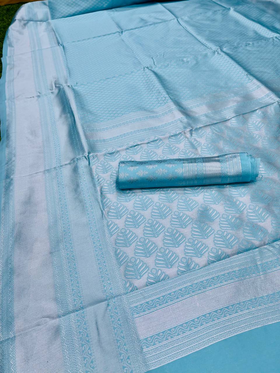 The Sky-Blue Modern Banarasi Silk Saree with Tassel Detail