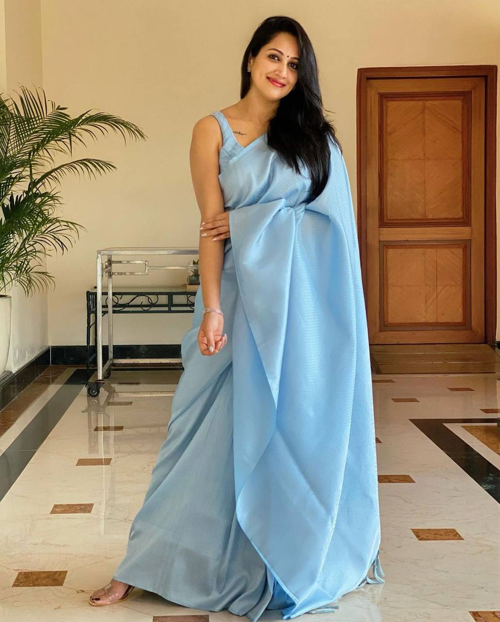 The Sky-Blue Modern Banarasi Silk Saree with Tassel Detail
