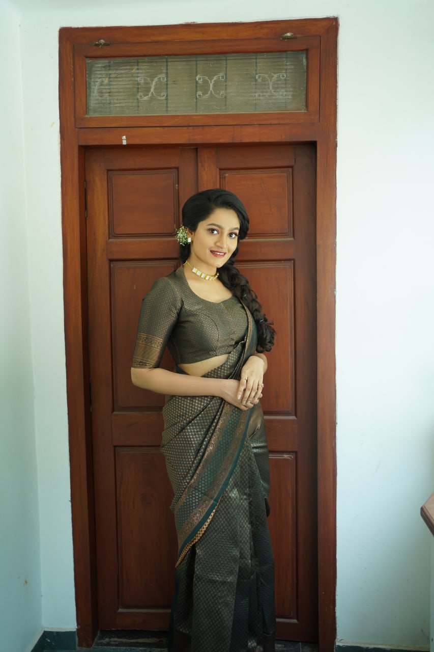 Antique Olive & Charcoal Banarasi Silk Saree with Bronze Zari Work