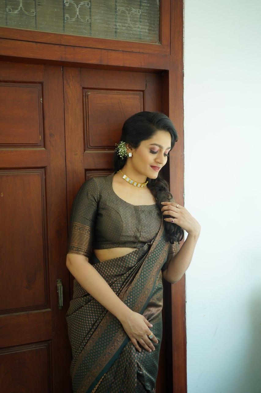 Antique Olive & Charcoal Banarasi Silk Saree with Bronze Zari Work