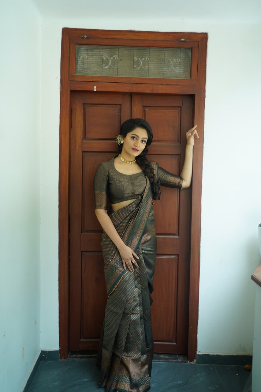 Antique Olive & Charcoal Banarasi Silk Saree with Bronze Zari Work