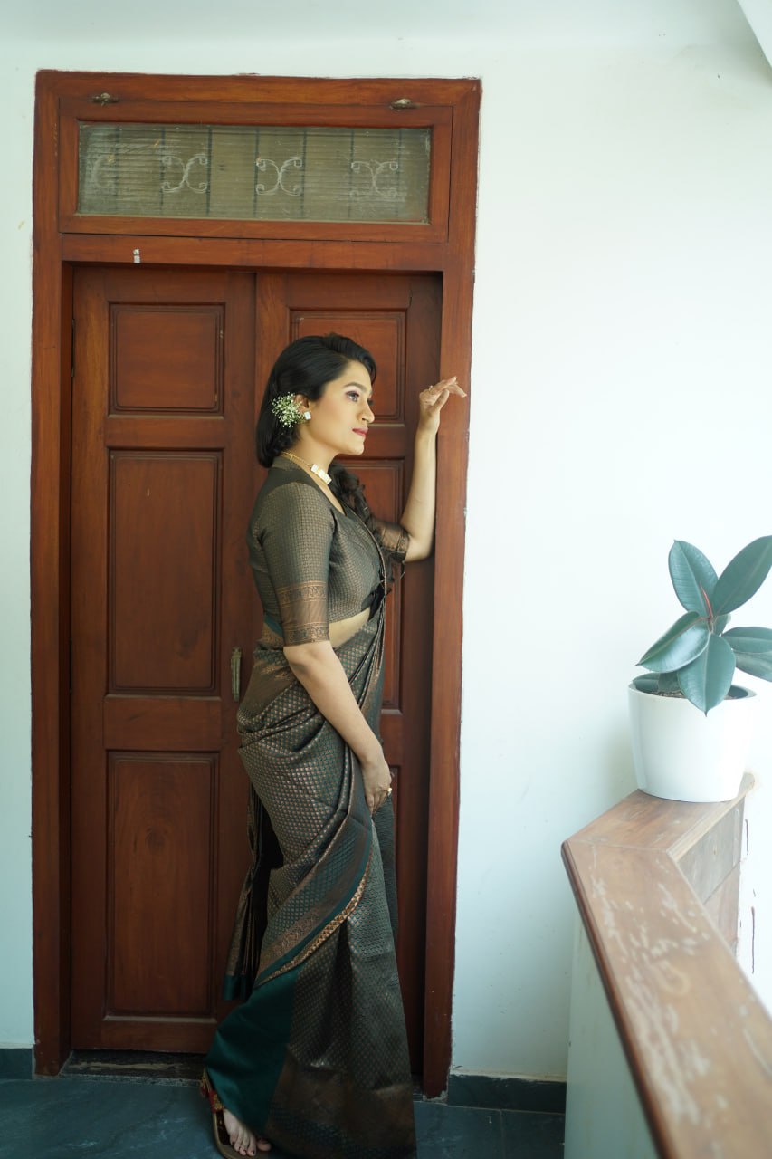 Antique Olive & Charcoal Banarasi Silk Saree with Bronze Zari Work