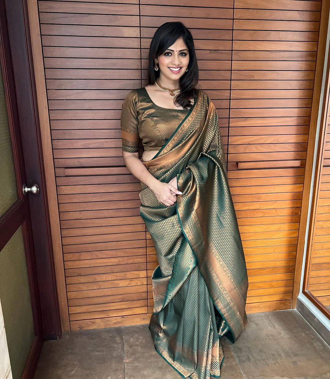 Moss Green Banarasi Silk Saree with Antique Bronze Zari