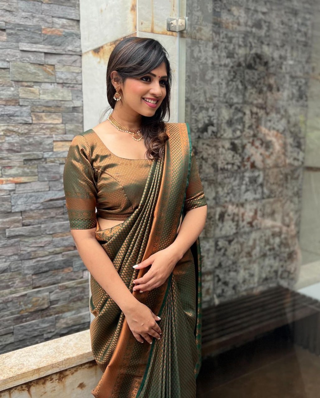 Moss Green Banarasi Silk Saree with Antique Bronze Zari