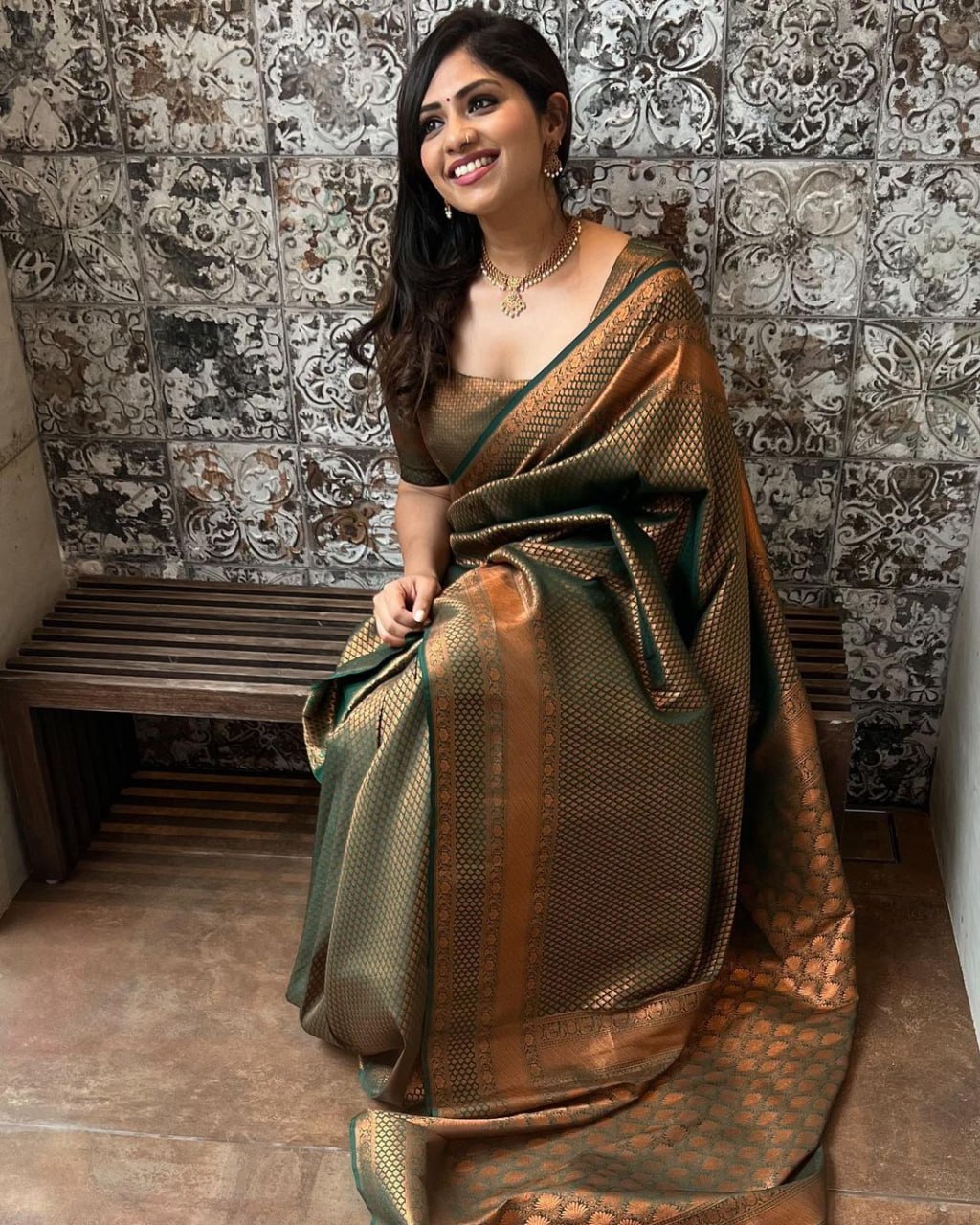 Moss Green Banarasi Silk Saree with Antique Bronze Zari