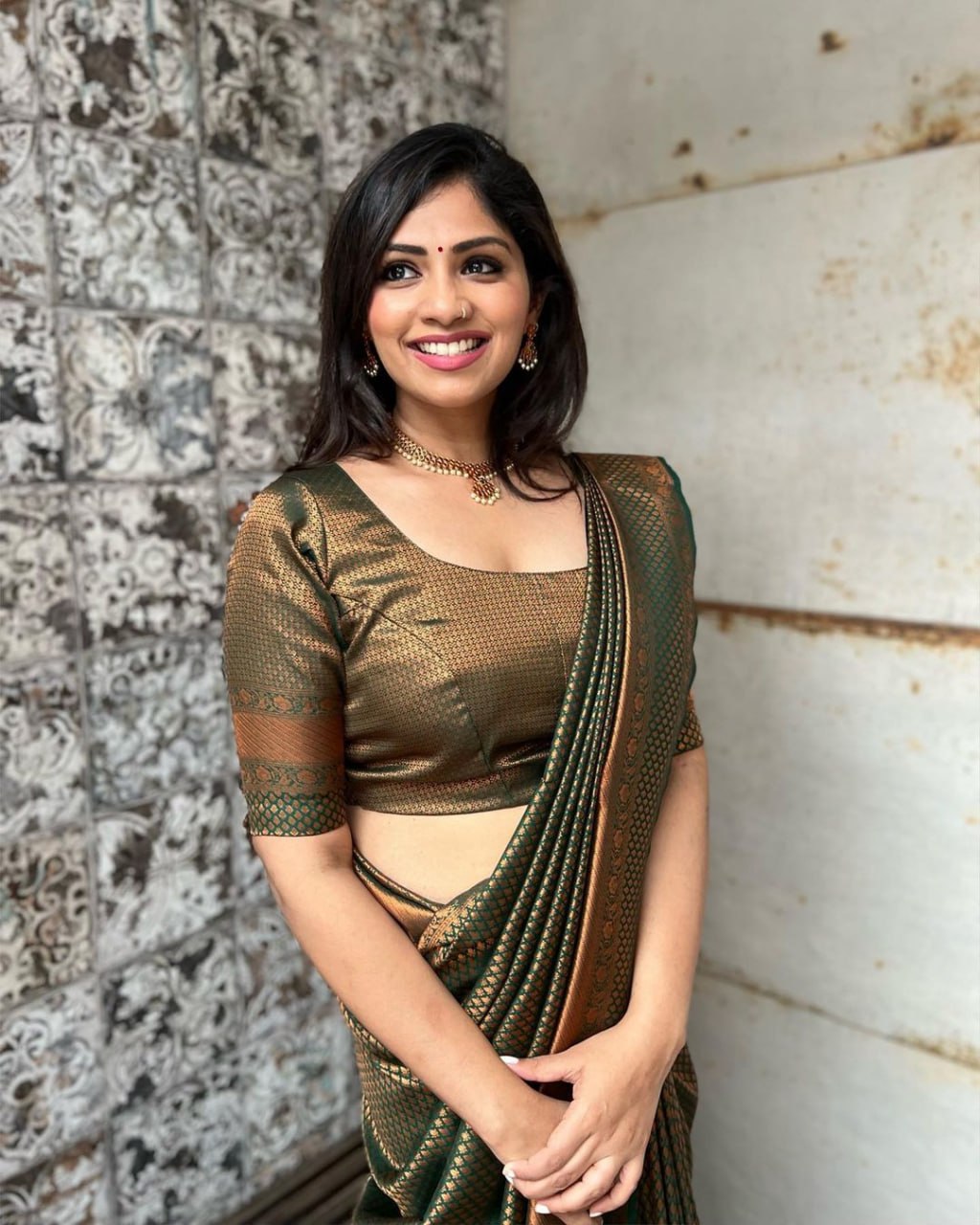 Moss Green Banarasi Silk Saree with Antique Bronze Zari