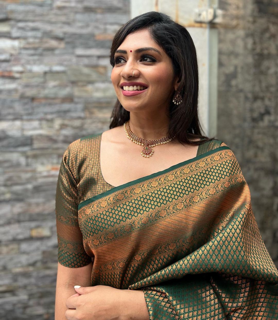 Moss Green Banarasi Silk Saree with Antique Bronze Zari