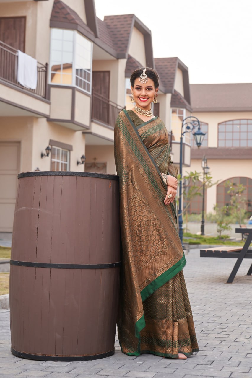 Imperial Forest Green Banarasi Silk Saree with Copper Zari Diamond Weave