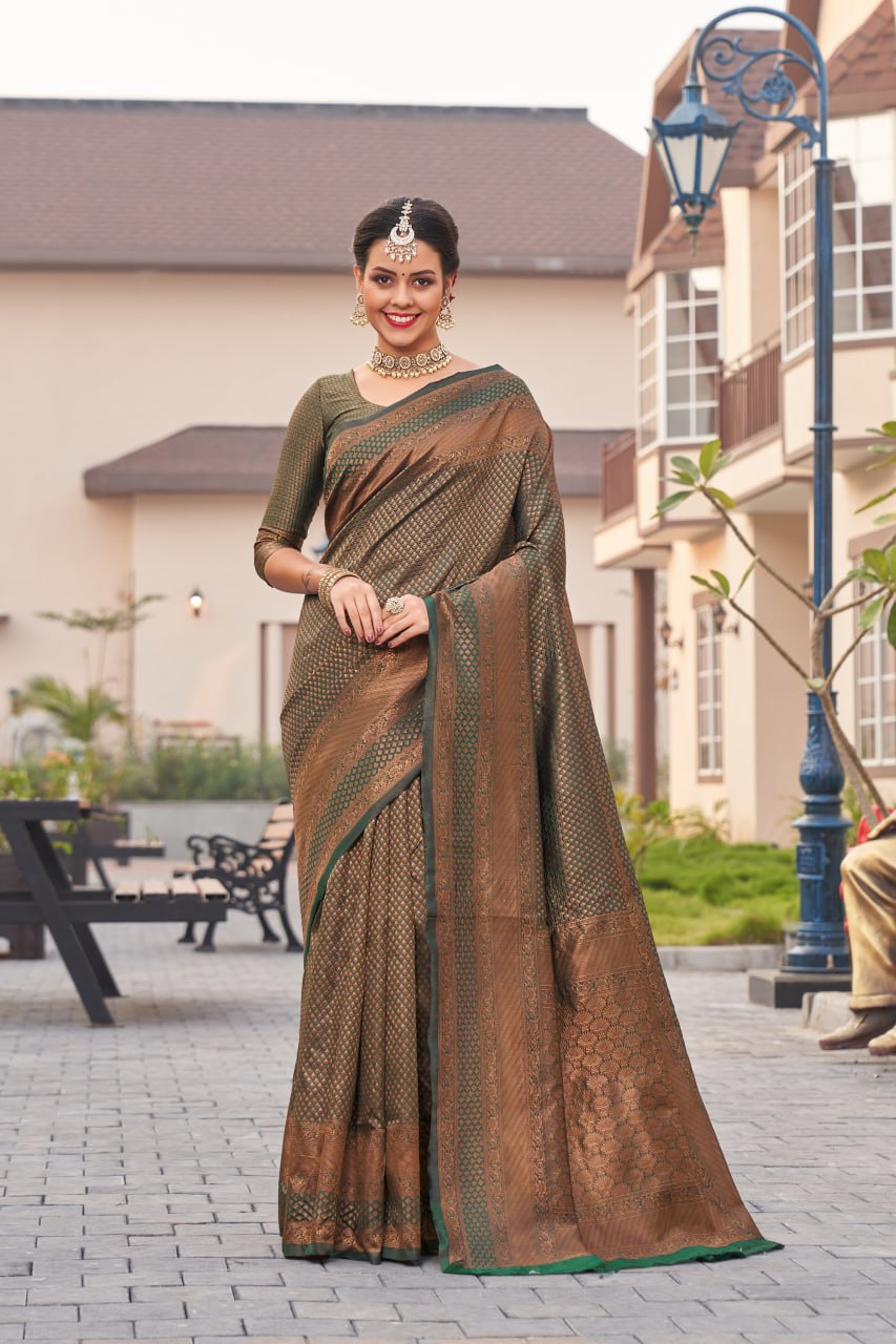 Imperial Forest Green Banarasi Silk Saree with Copper Zari Diamond Weave