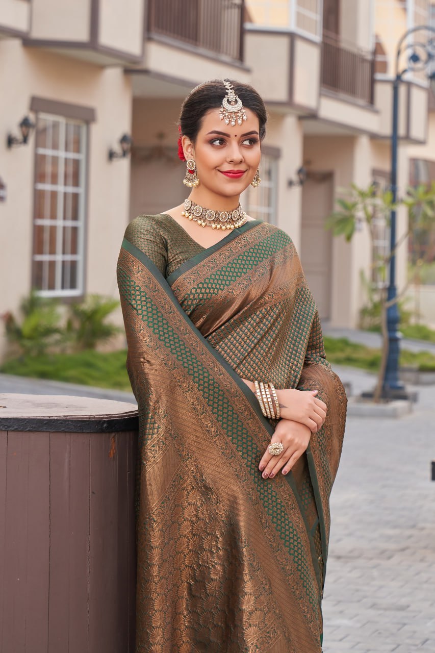 Imperial Forest Green Banarasi Silk Saree with Copper Zari Diamond Weave