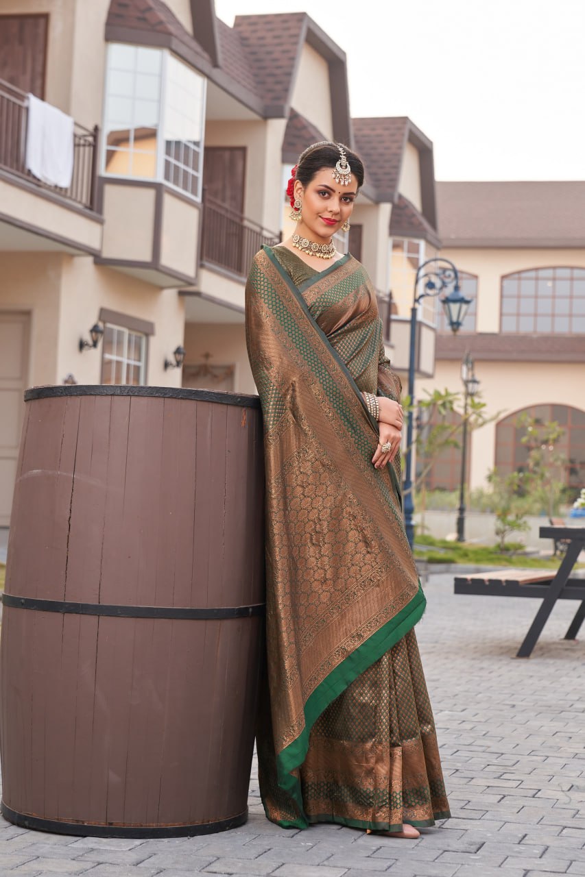 Imperial Forest Green Banarasi Silk Saree with Copper Zari Diamond Weave