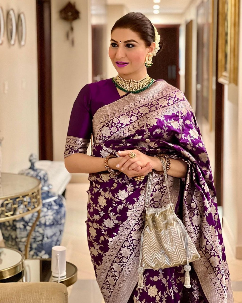 Majestic Deep Violet Banarasi Silk Saree with Ornate Silver Floral Jaal