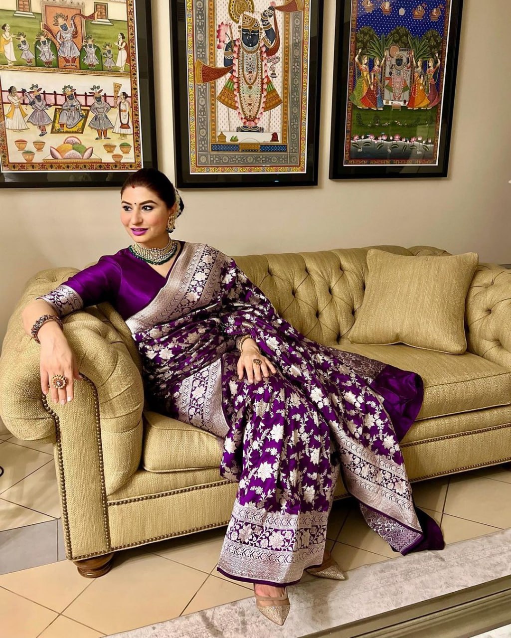 Majestic Deep Violet Banarasi Silk Saree with Ornate Silver Floral Jaal