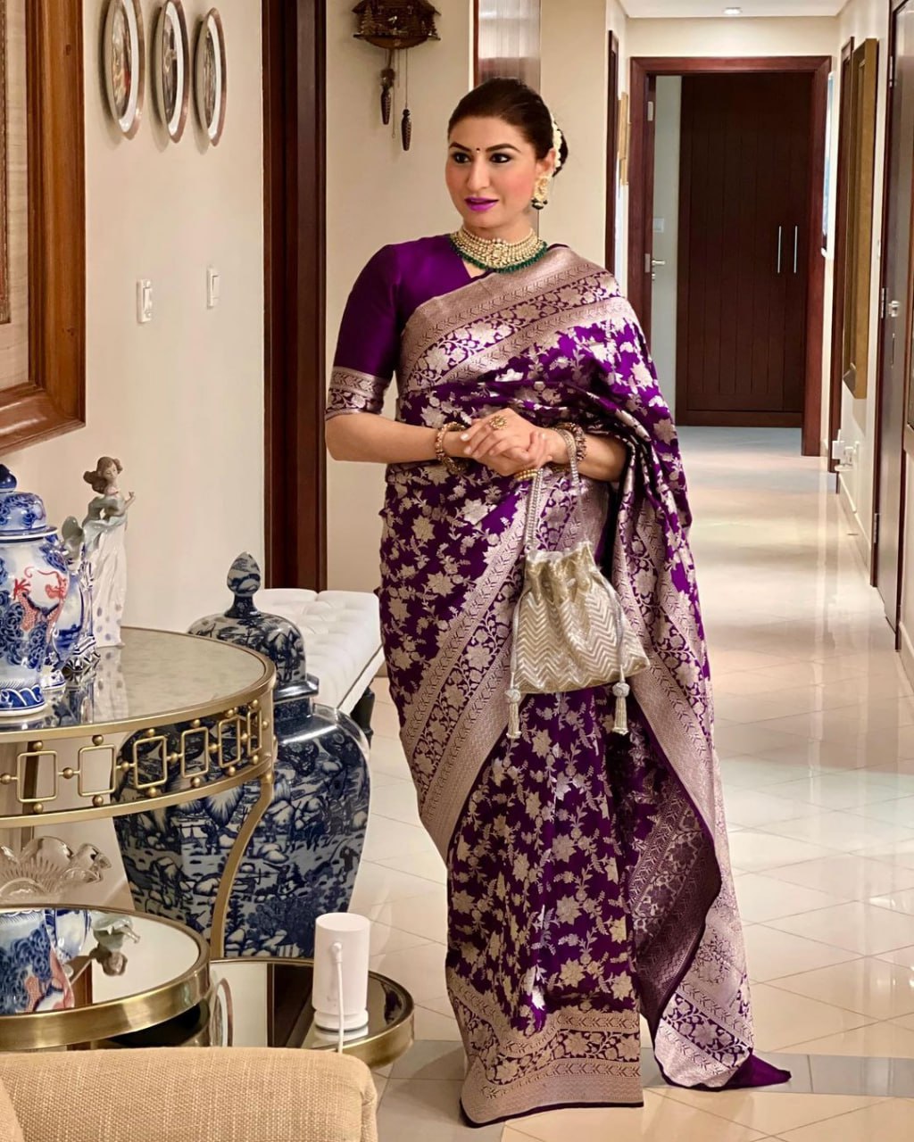Majestic Deep Violet Banarasi Silk Saree with Ornate Silver Floral Jaal