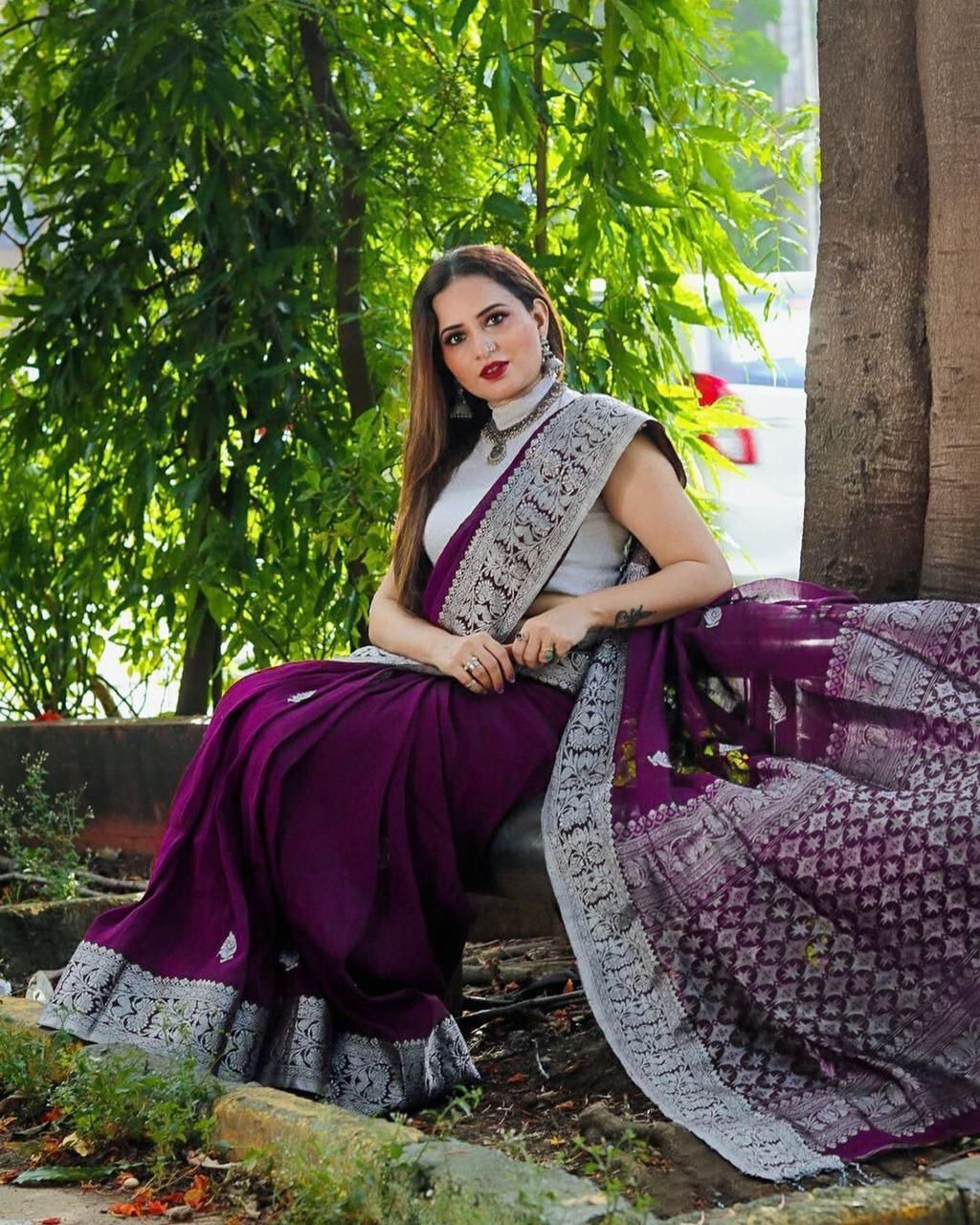 Deep Wine Banarasi Silk Saree with Statement Silver Floral Border