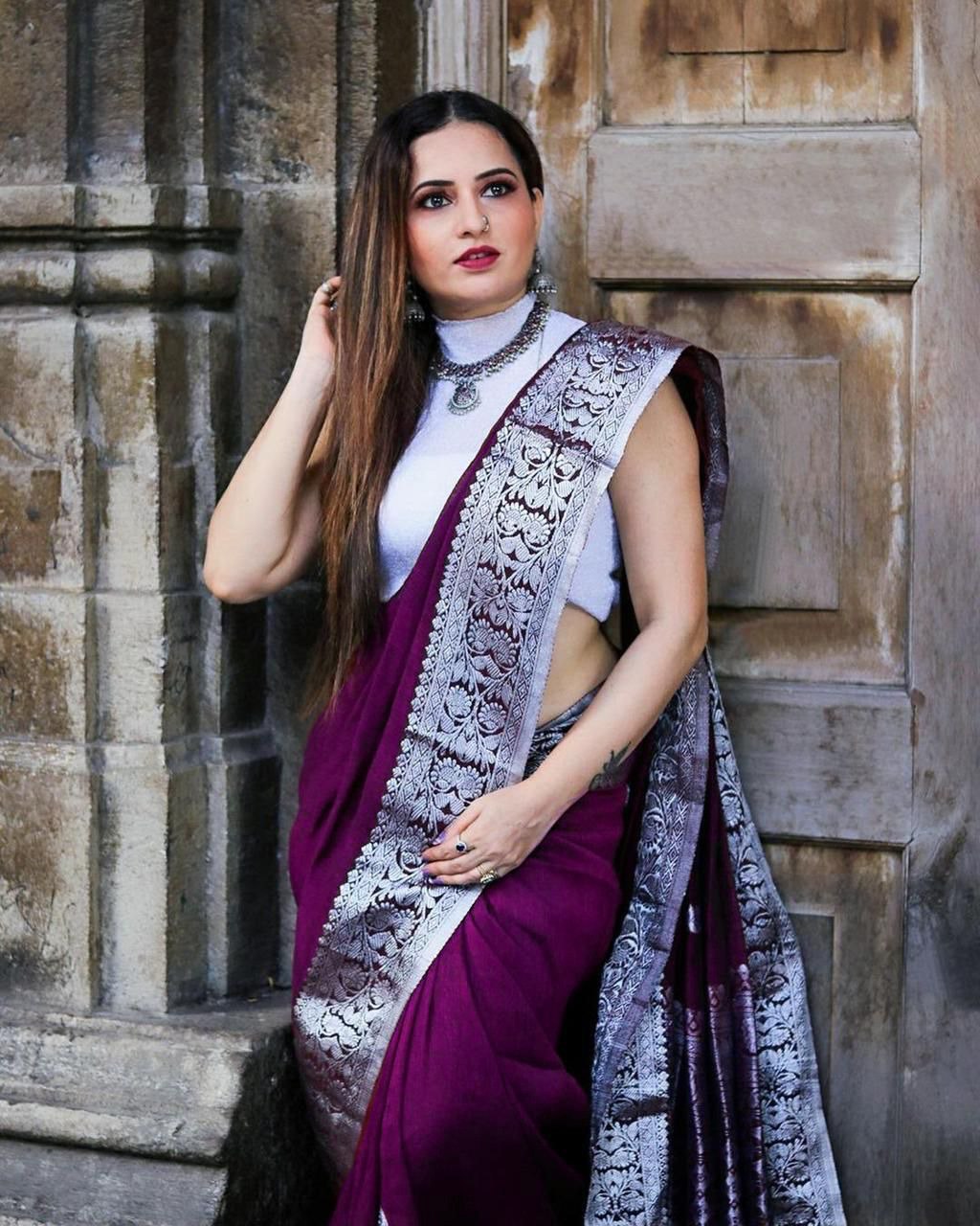 Deep Wine Banarasi Silk Saree with Statement Silver Floral Border