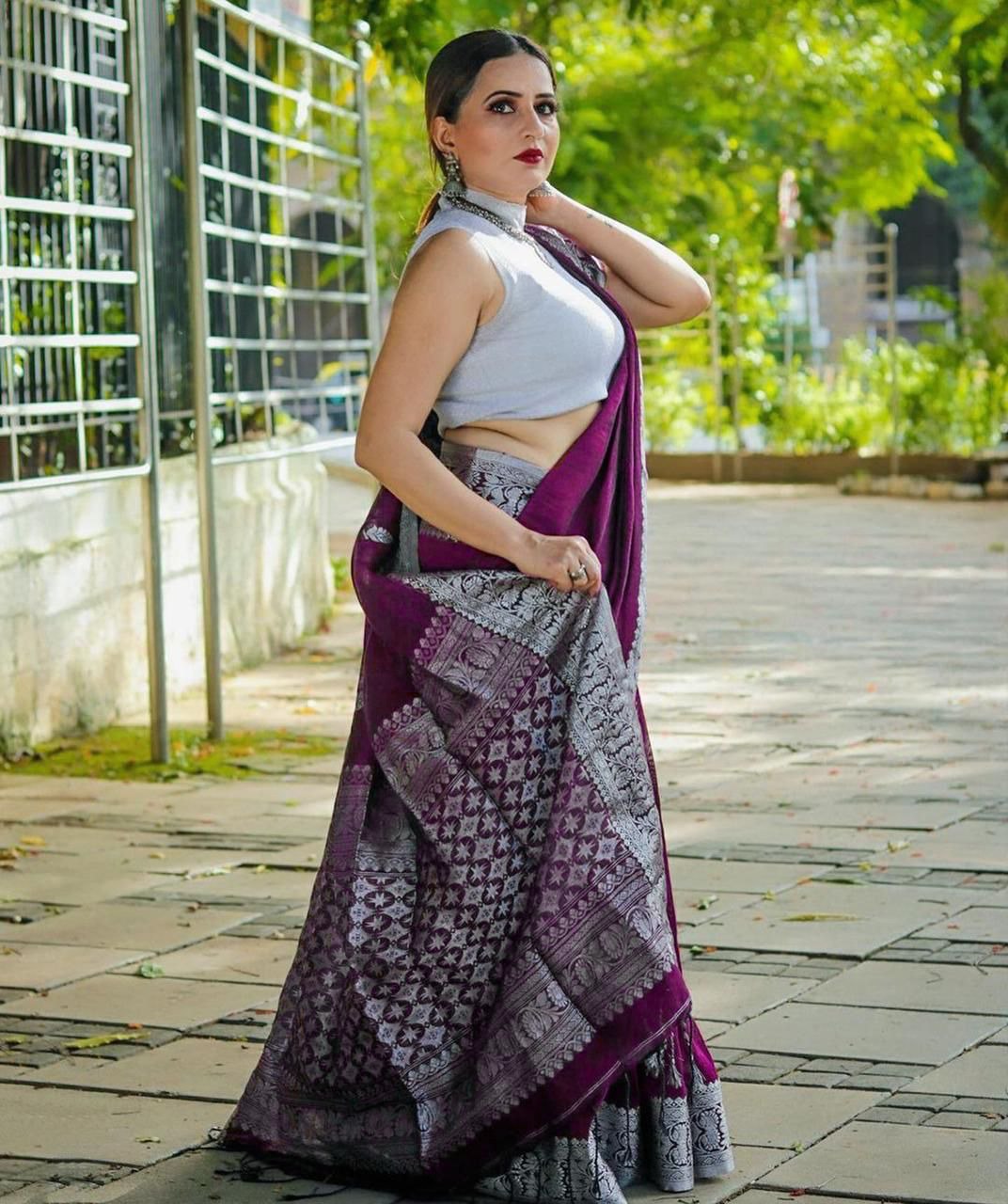 Deep Wine Banarasi Silk Saree with Statement Silver Floral Border