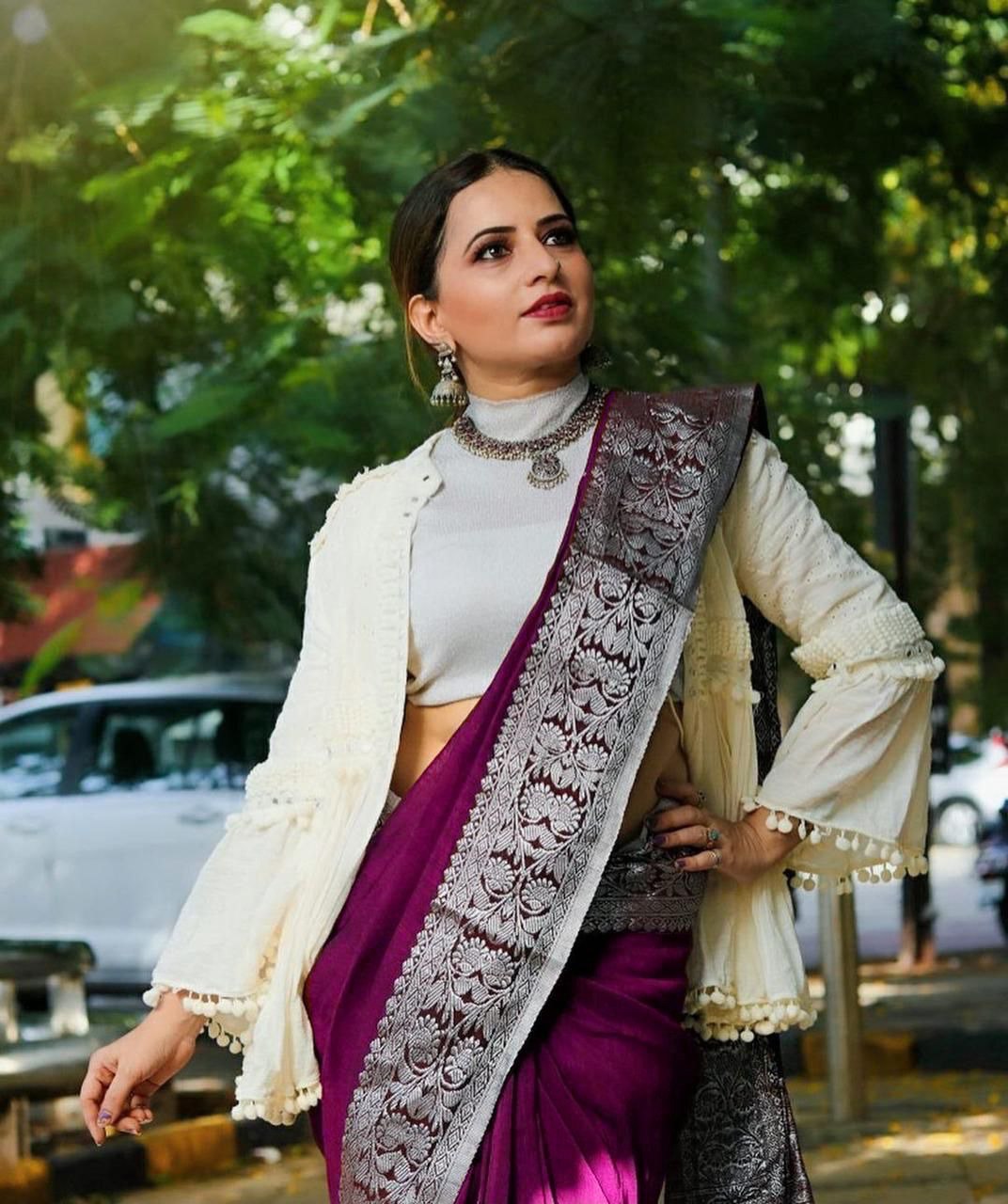 Deep Wine Banarasi Silk Saree with Statement Silver Floral Border