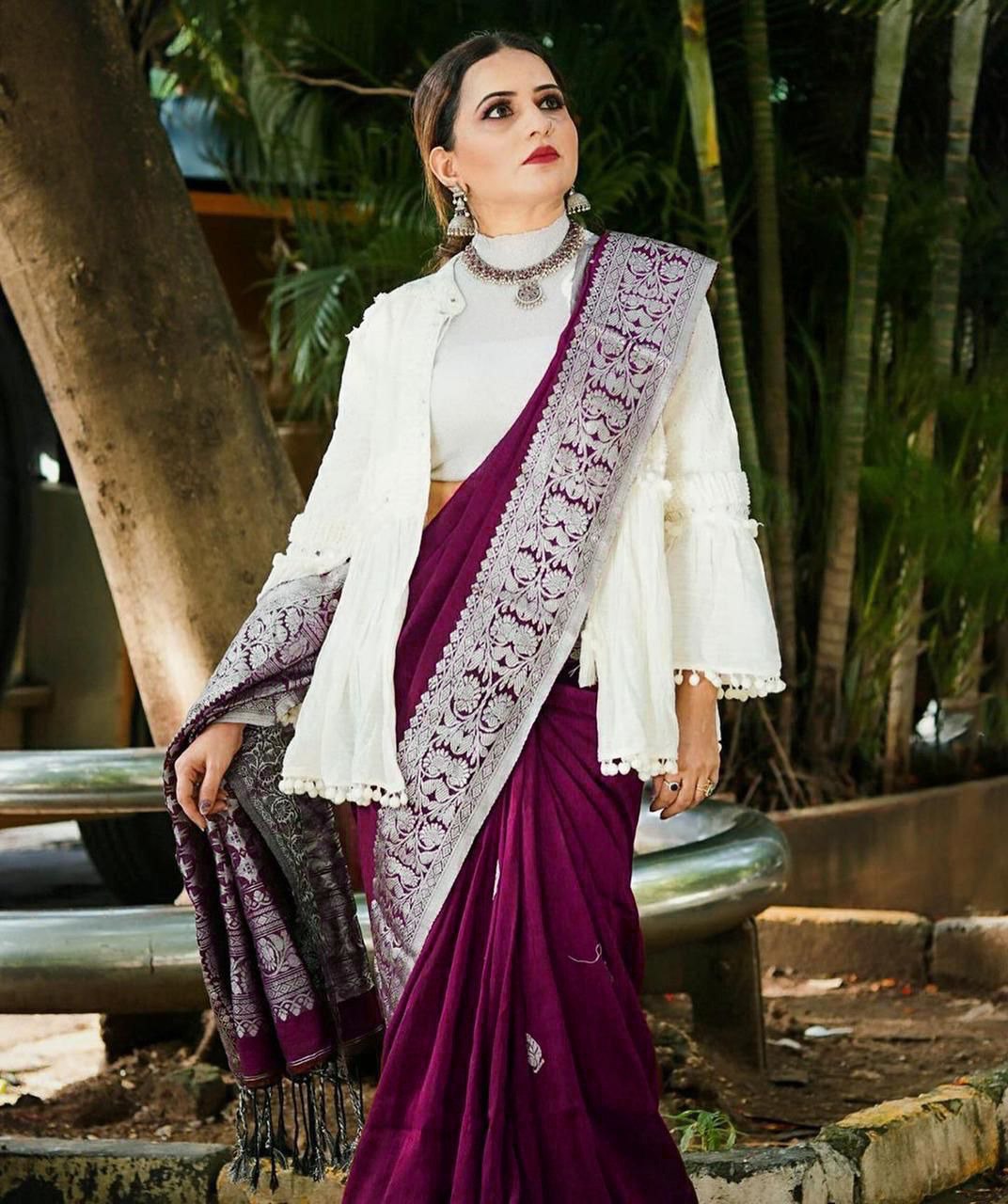 Deep Wine Banarasi Silk Saree with Statement Silver Floral Border