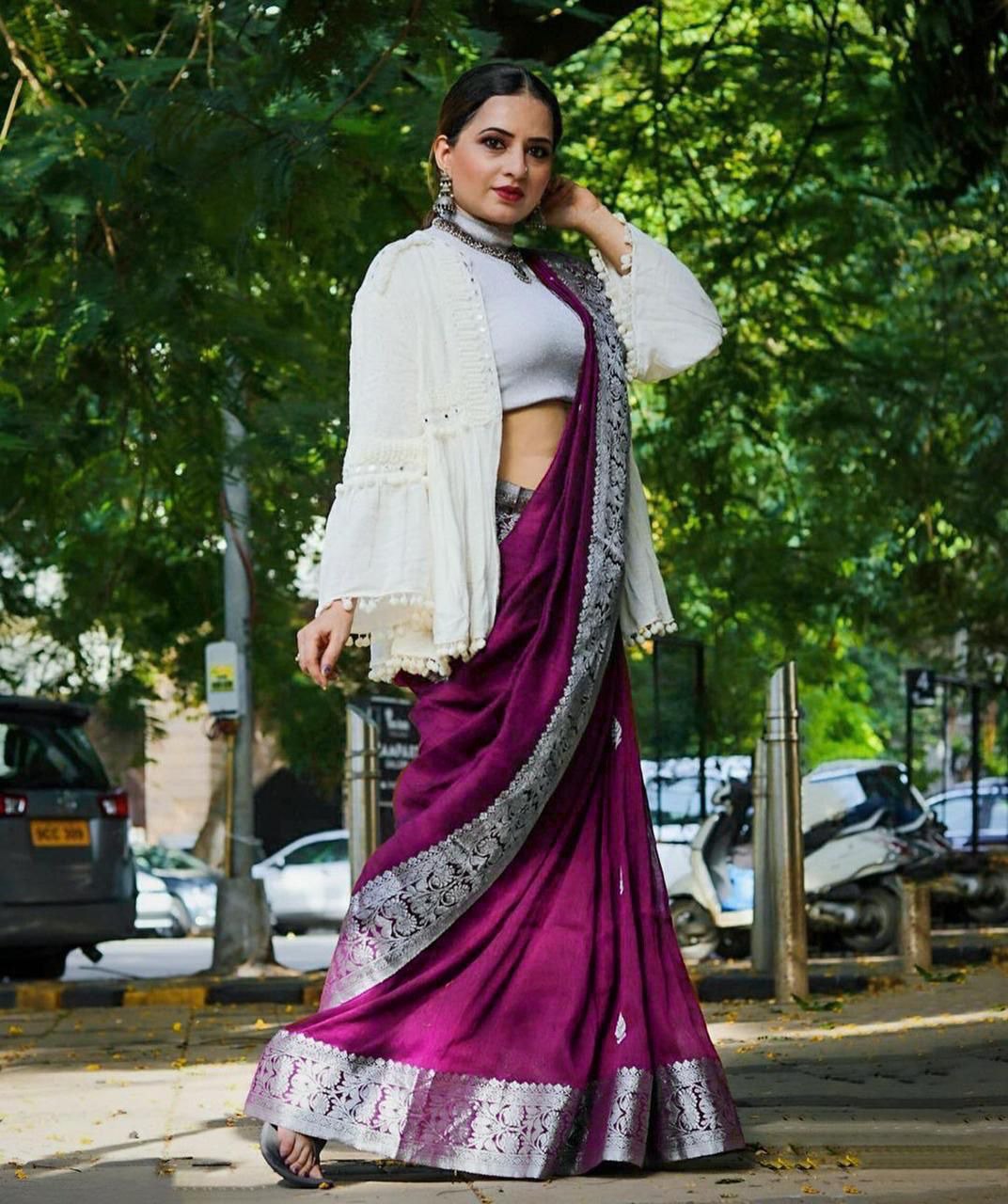 Deep Wine Banarasi Silk Saree with Statement Silver Floral Border