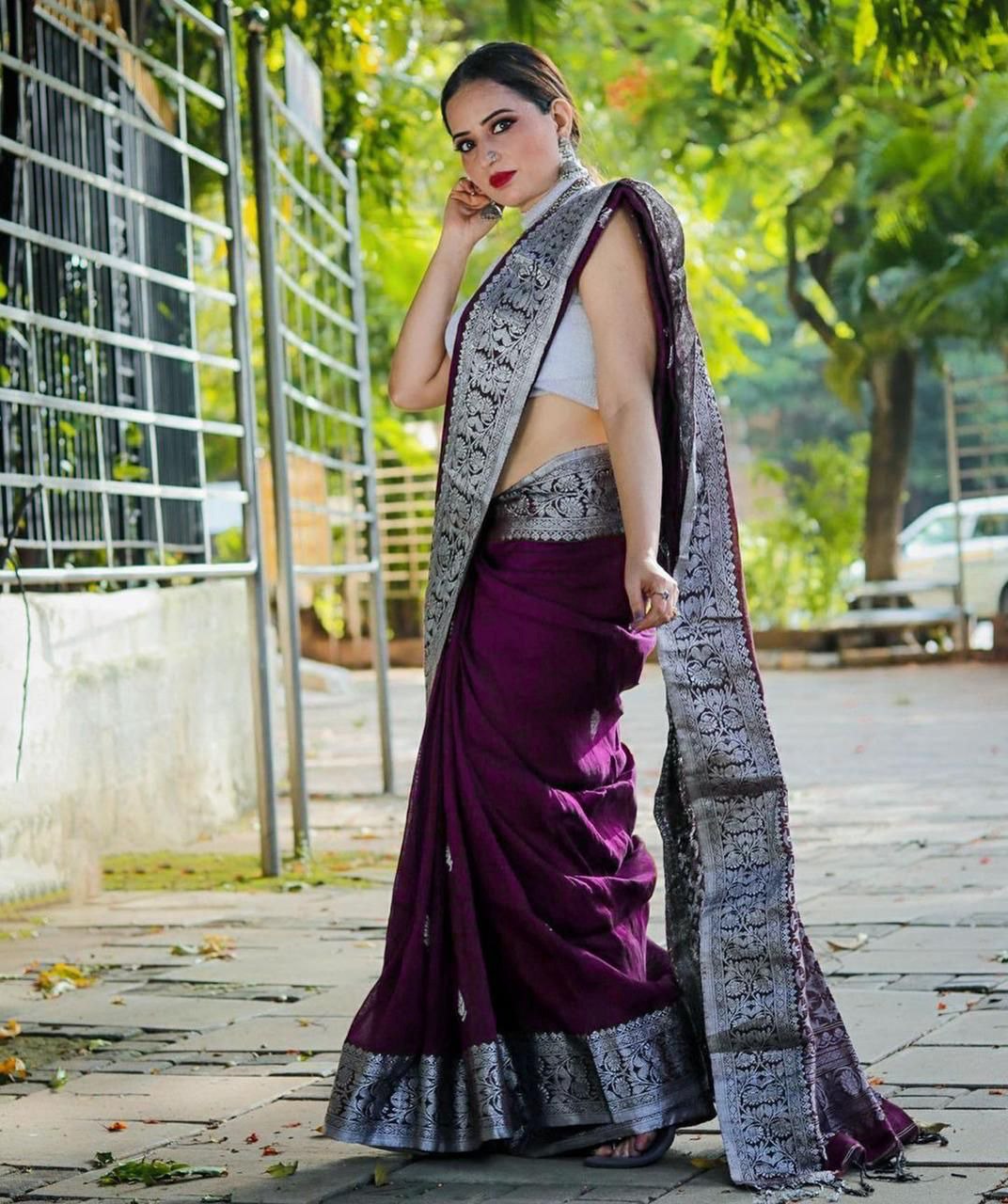 Deep Wine Banarasi Silk Saree with Statement Silver Floral Border