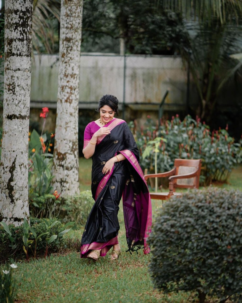 Elegance in Silk Black and Magenta Traditional Grace