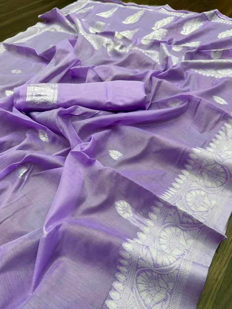 Lavender Banarasi Soft Silk Saree with Silver Zari