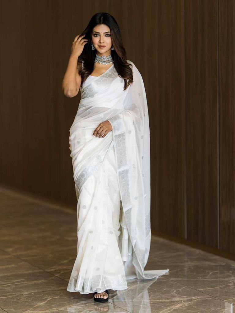 White Banarasi Soft Silk Saree with Silver Zari