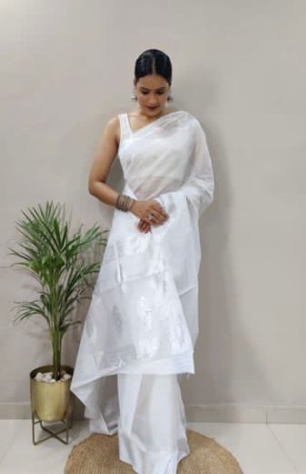 White Banarasi Soft Silk Saree with Silver Zari