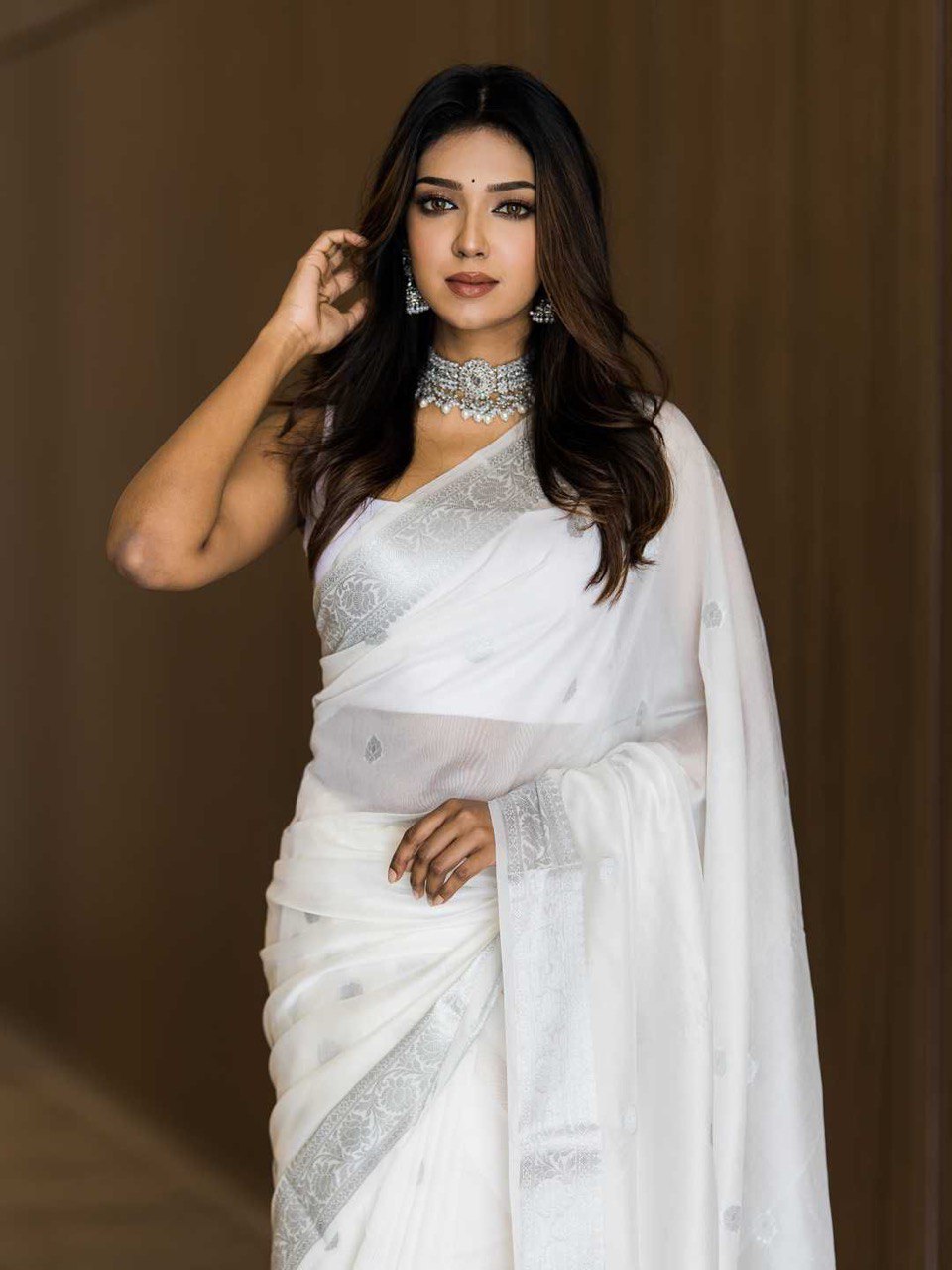 White Banarasi Soft Silk Saree with Silver Zari