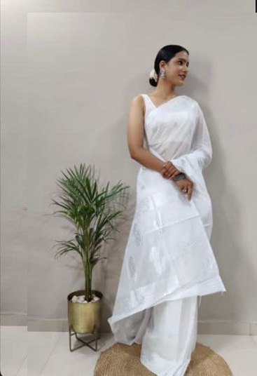 White Banarasi Soft Silk Saree with Silver Zari