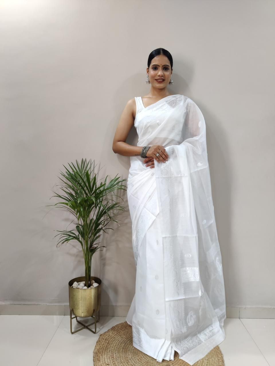 White Banarasi Soft Silk Saree with Silver Zari