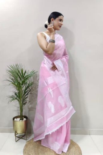 Baby Pink Banarasi Silk Saree with Ornate Silver Zari