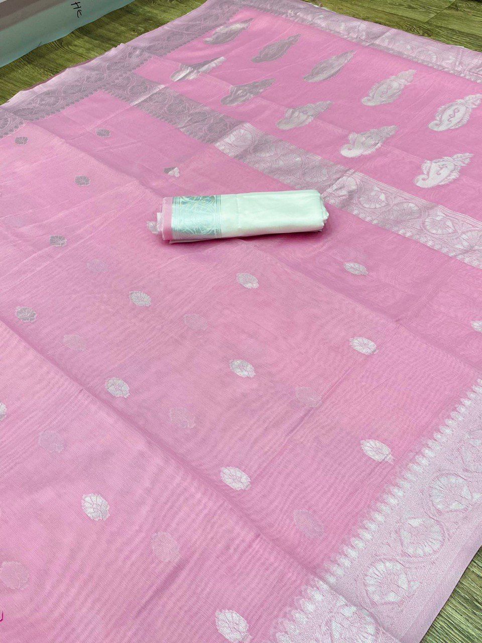 Baby Pink Banarasi Silk Saree with Ornate Silver Zari