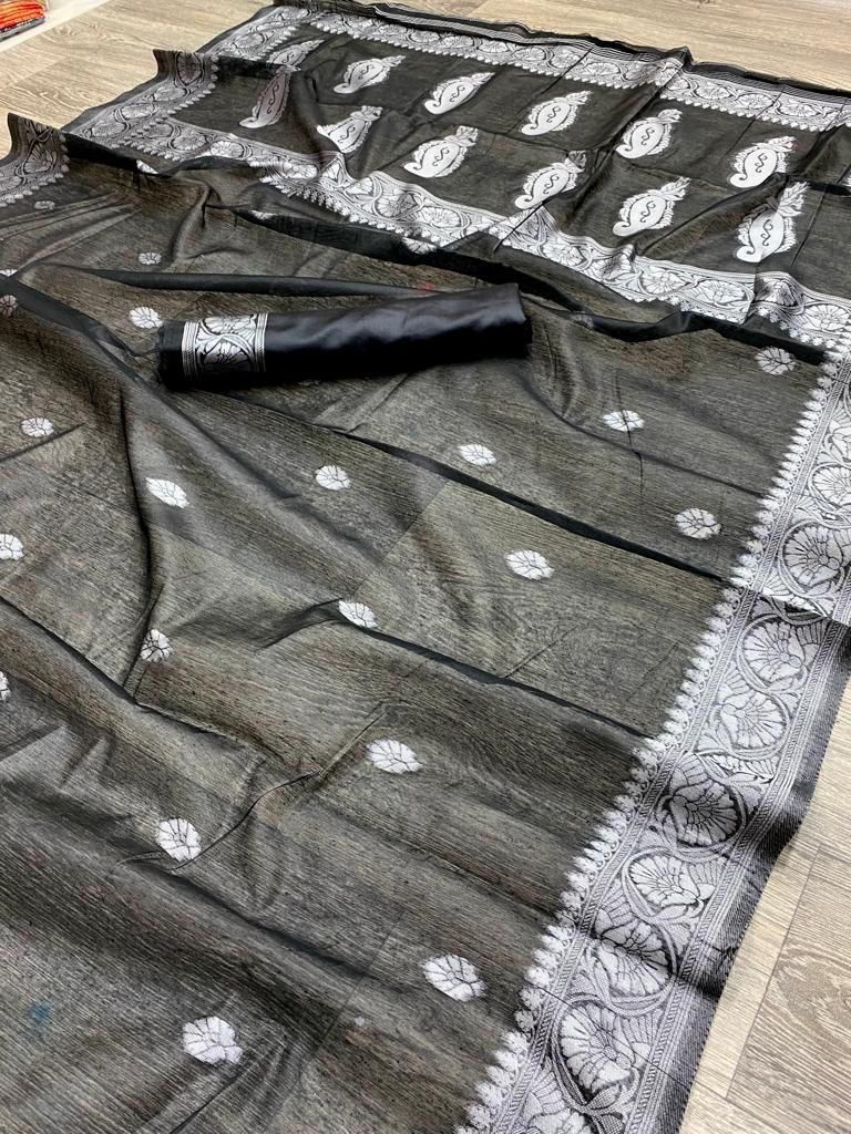 Navy Banarasi Silk Saree with Antique Silver Zari