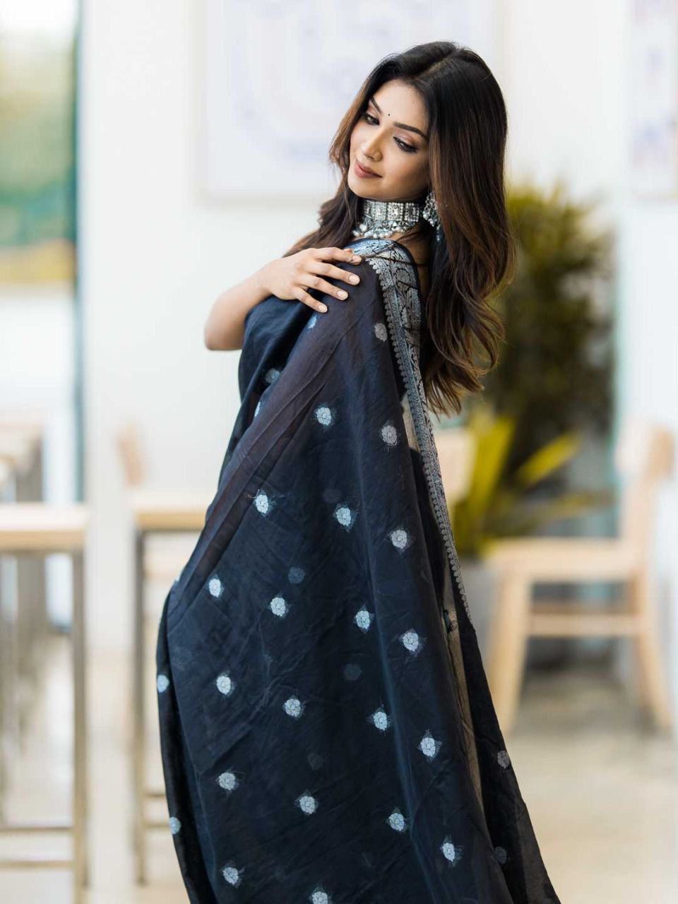 Navy Banarasi Silk Saree with Antique Silver Zari