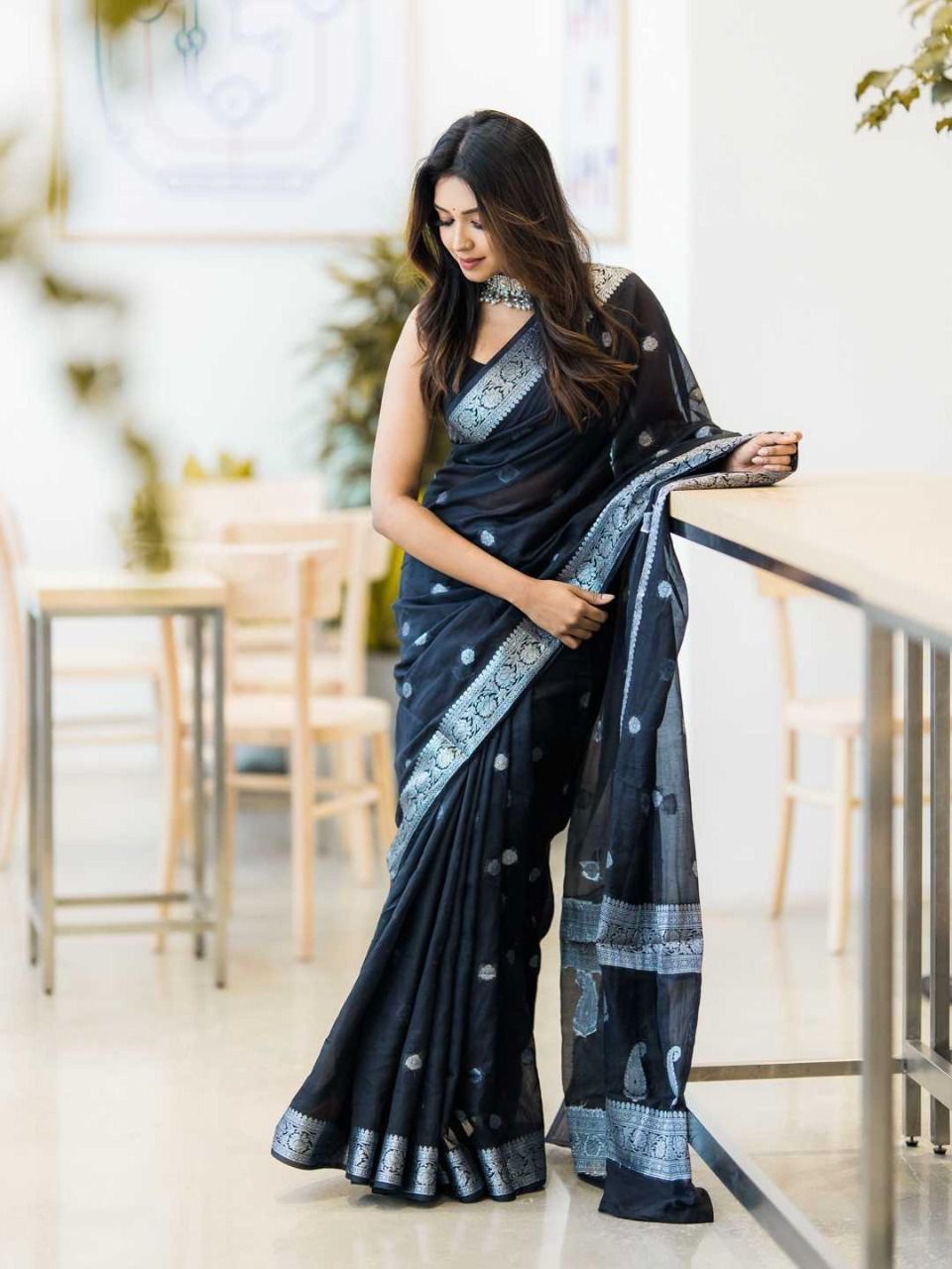 Navy Banarasi Silk Saree with Antique Silver Zari
