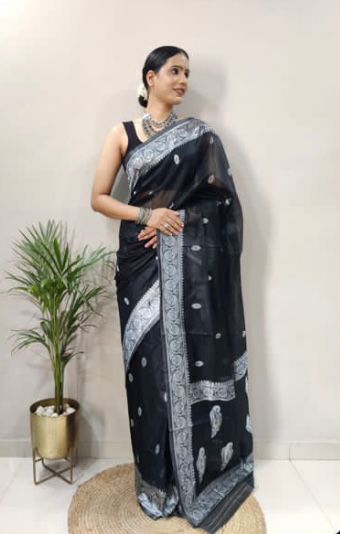 Navy Banarasi Silk Saree with Antique Silver Zari