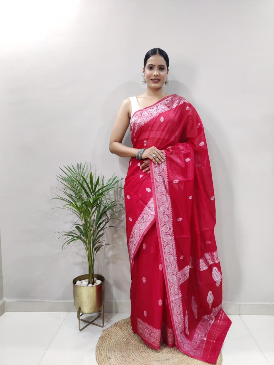 Crimson Red Banarasi Soft Silk Saree with Shimmering Silver Zari