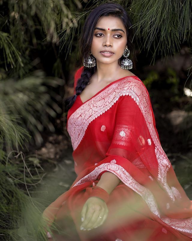 Crimson Red Banarasi Soft Silk Saree with Shimmering Silver Zari