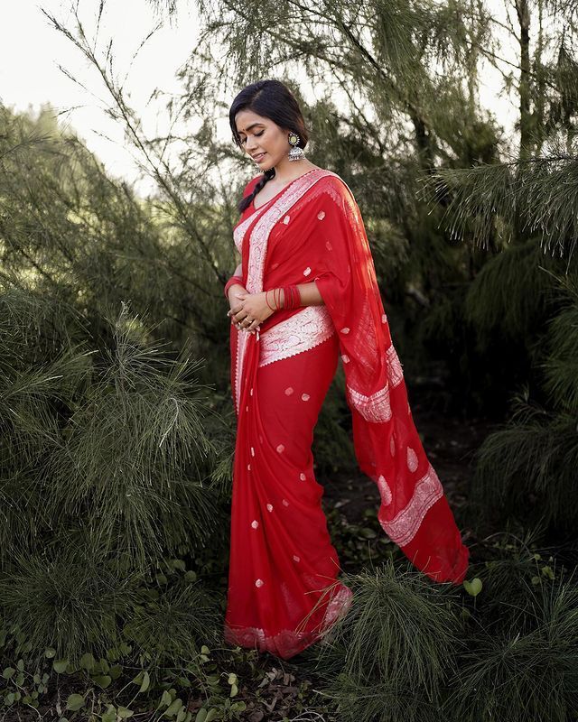 Crimson Red Banarasi Soft Silk Saree with Shimmering Silver Zari