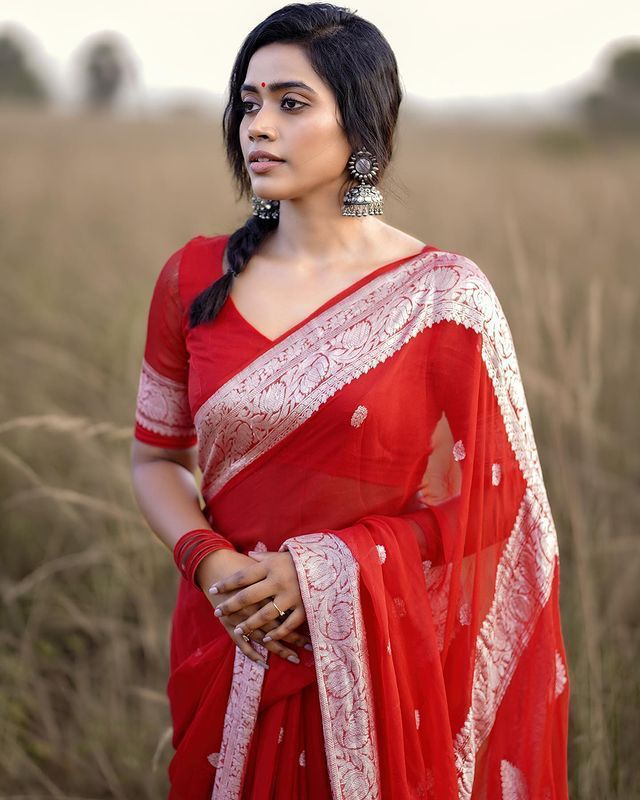 Crimson Red Banarasi Soft Silk Saree with Shimmering Silver Zari