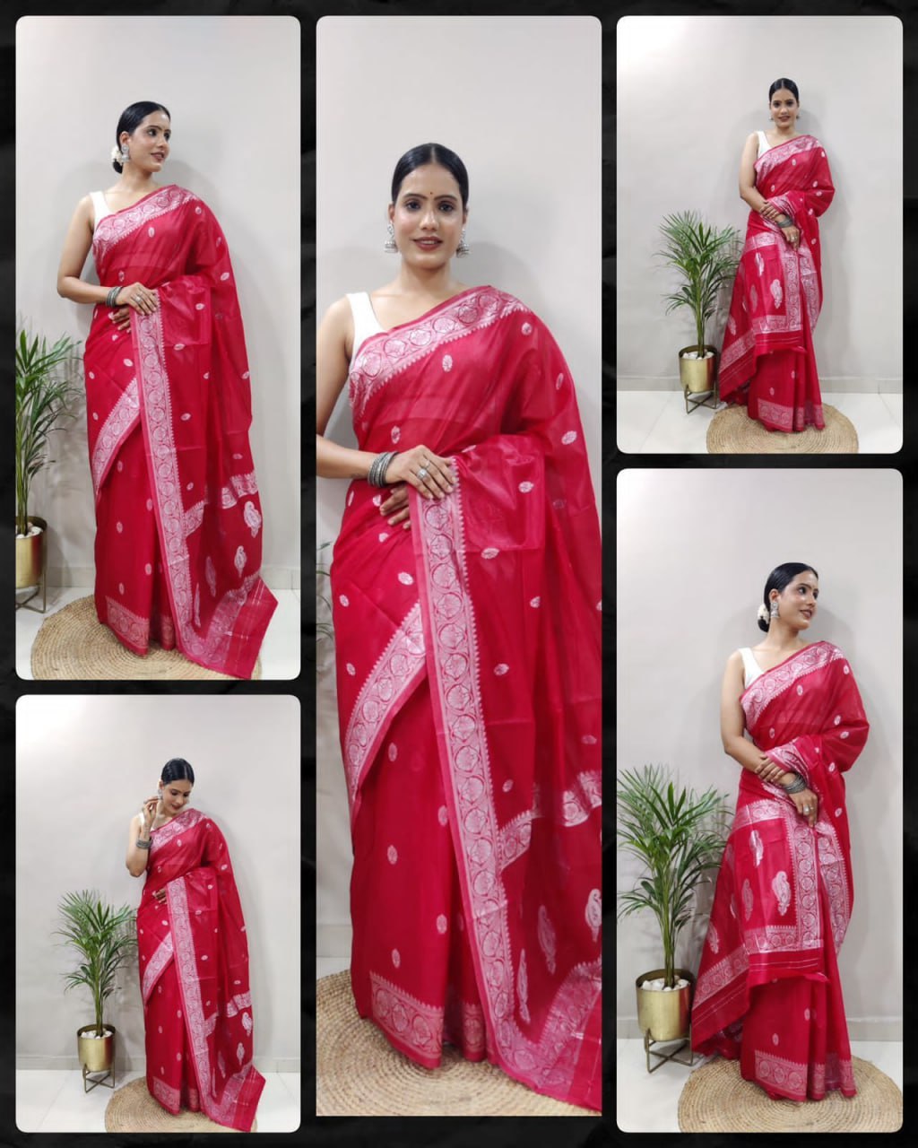 Crimson Red Banarasi Soft Silk Saree with Shimmering Silver Zari