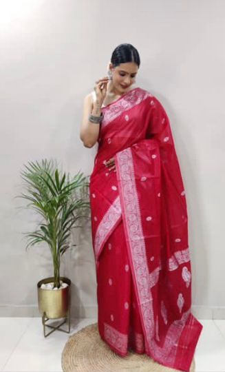 Crimson Red Banarasi Soft Silk Saree with Shimmering Silver Zari
