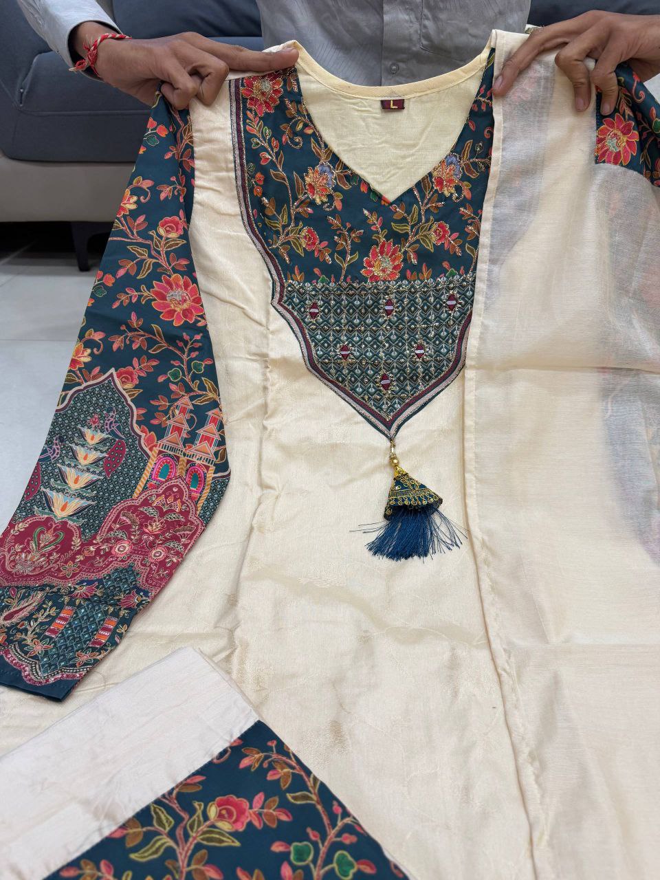 Ivory Pearl Banarasi Silk Set with Emerald Floral Appliqué